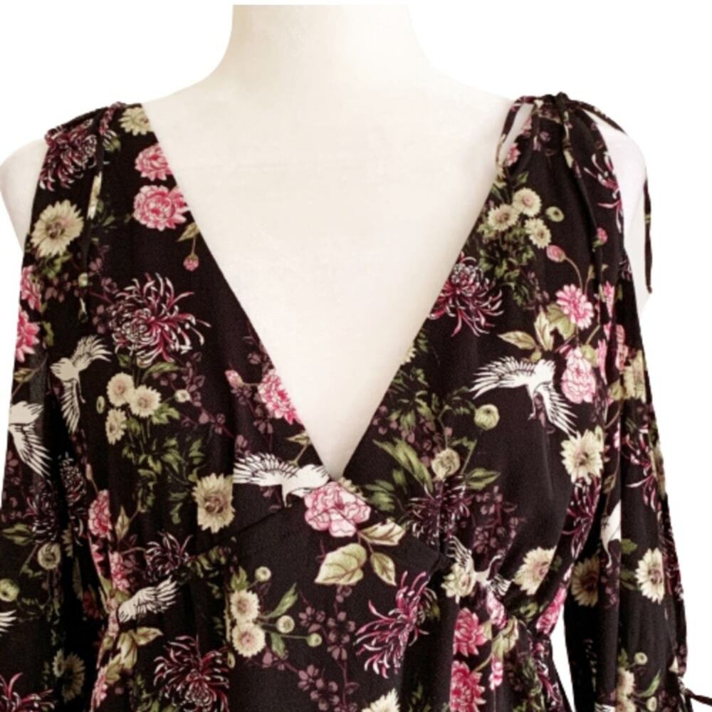 Kensie Dress Black Pink Floral Crane Motif Long Sleeve Cold Shoulder Large - Picture 5 of 15